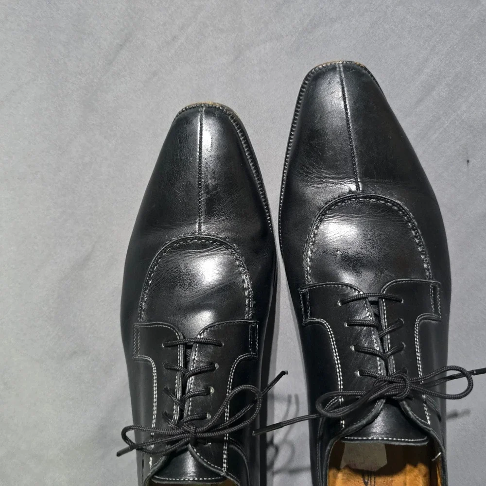 santoni Apron Toe Oxford Mens 10 Black Italian Leather Dress Shoe